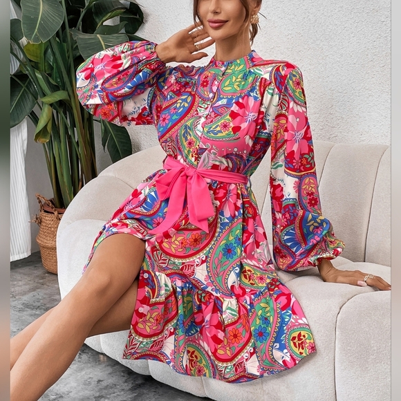 Paisley Print Lantern Sleeve Ruffle Hem Belted Dress